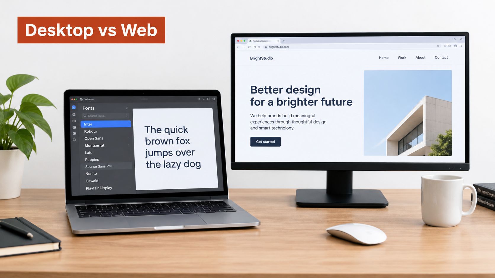 A workspace featuring a laptop displaying a font management app and a monitor showing a website design.