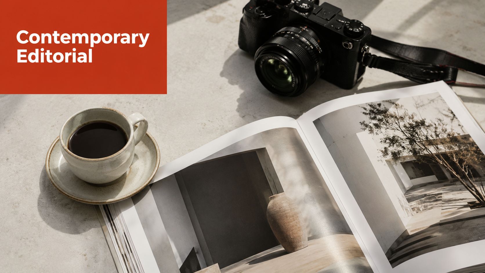 A cup of coffee next to an open magazine and a professional camera on a stone table.