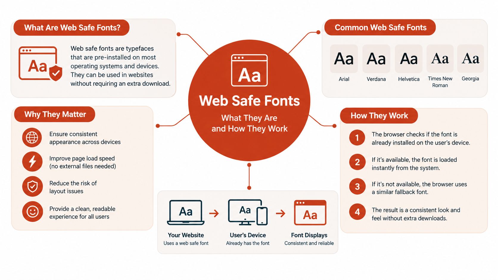 An infographic explaining web safe fonts, their benefits, common examples, and how they function on user devices.