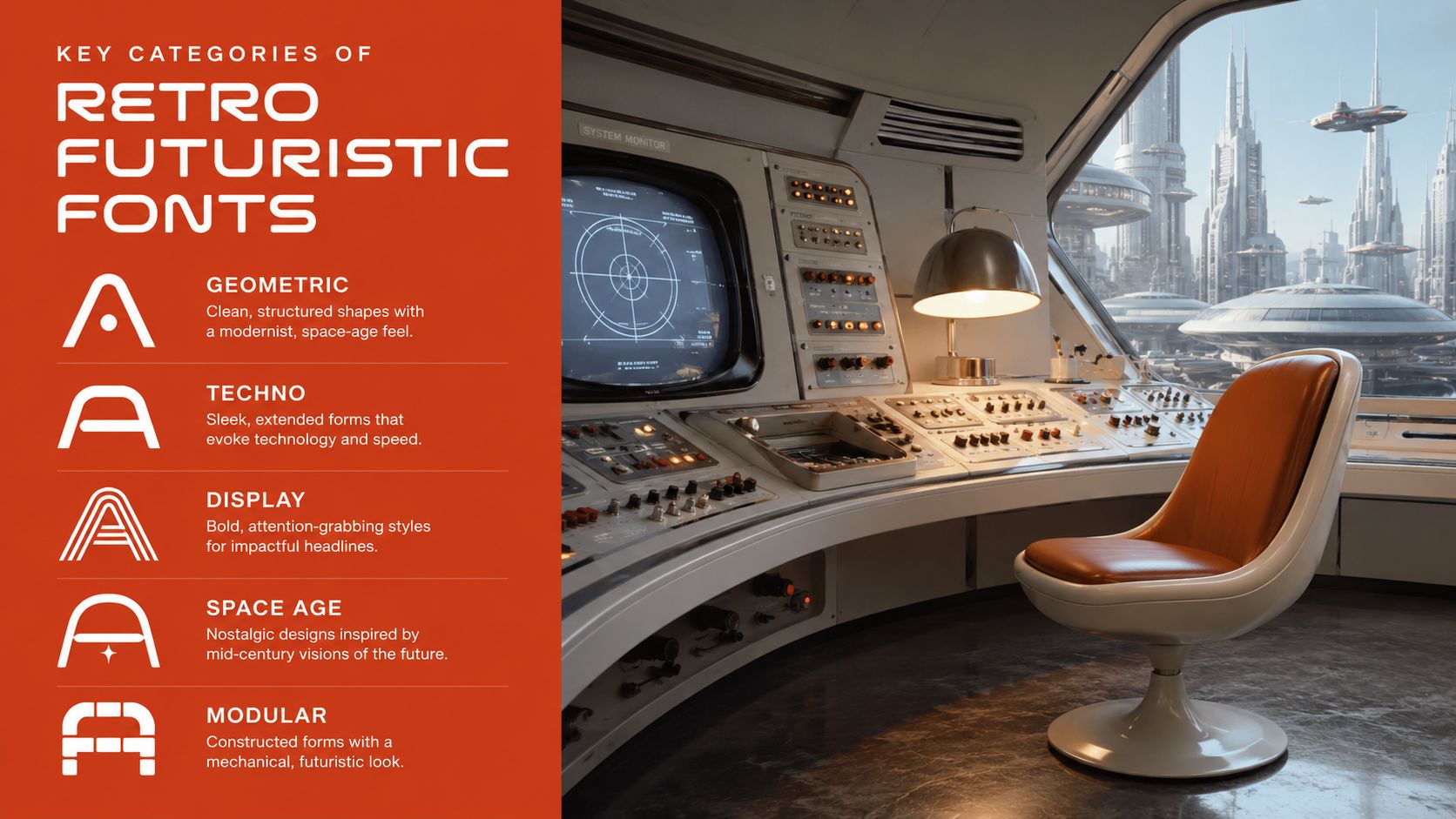 A graphic design guide comparing different categories of retro futuristic fonts next to a futuristic cockpit.