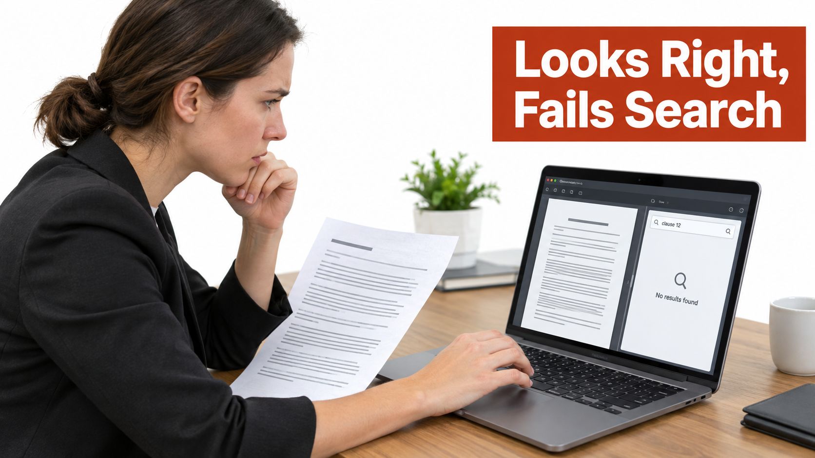 A businesswoman looking frustrated at a laptop screen showing a search failure for a document clause.