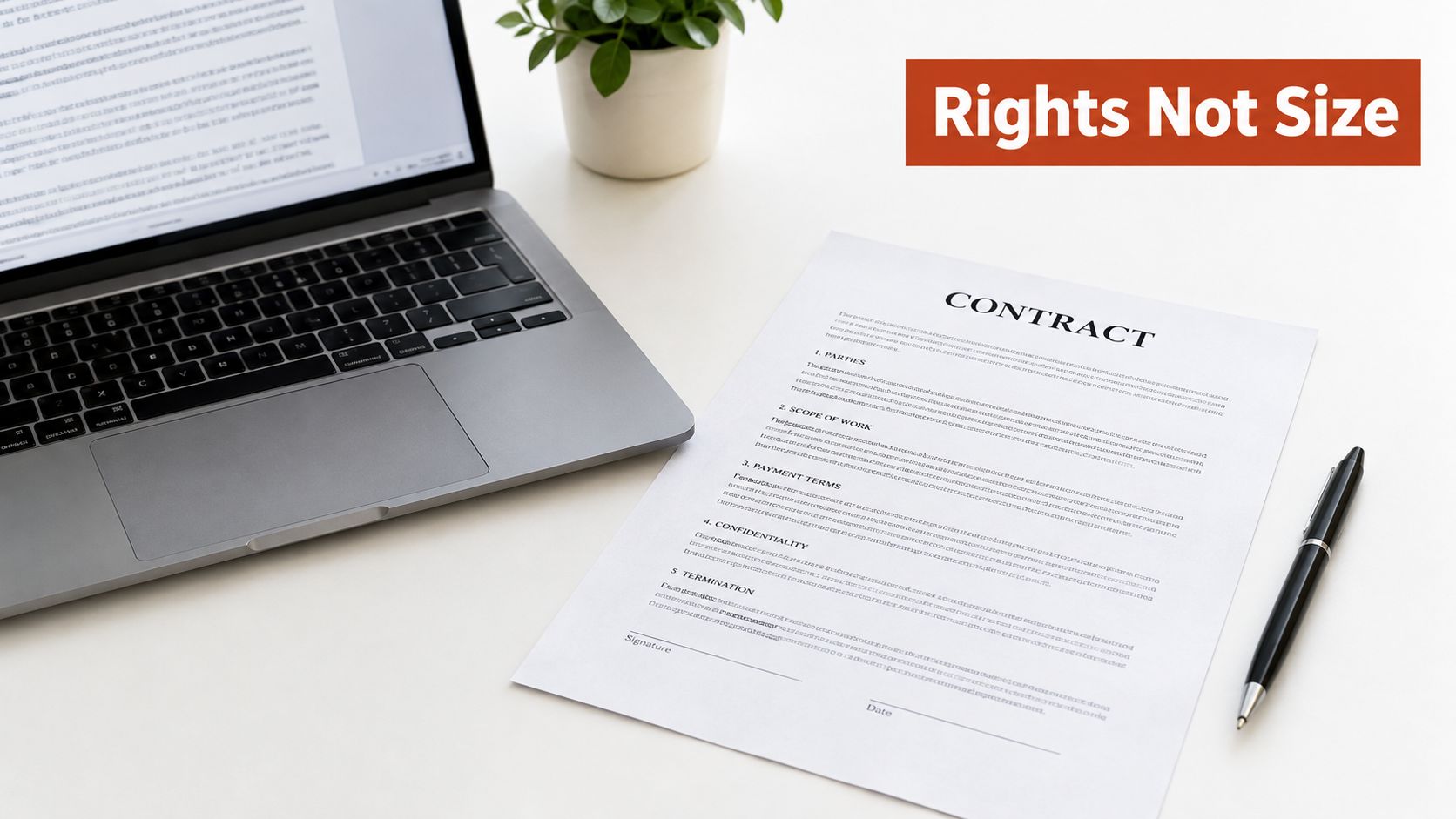A workspace featuring a laptop, a contract document, and a pen on a clean white desk.