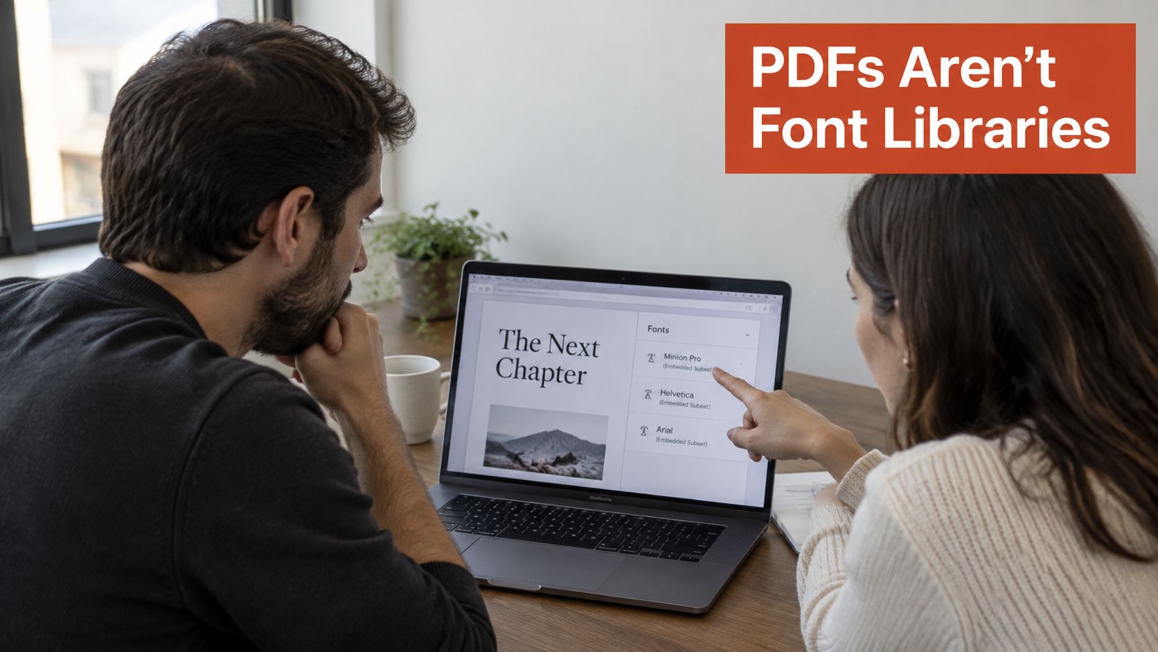 Two people working together on a laptop showing a document file with a list of embedded fonts.