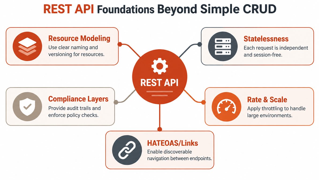 A diagram illustrating the core foundations of REST APIs beyond basic CRUD, including statelessness and HATEOAS.
