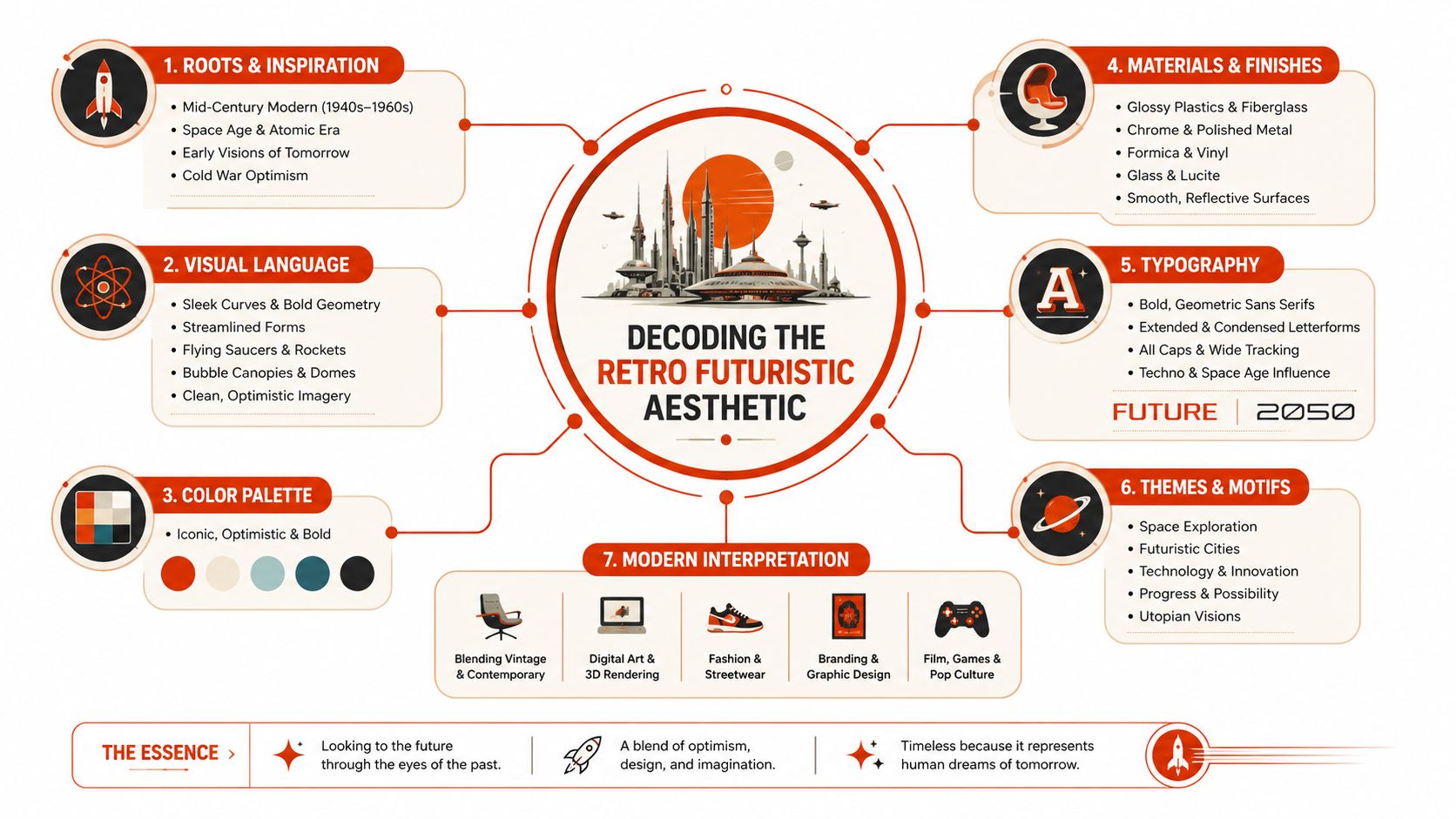 An infographic titled Decoding the Retro Futuristic Aesthetic explaining key visual elements and modern interpretation.