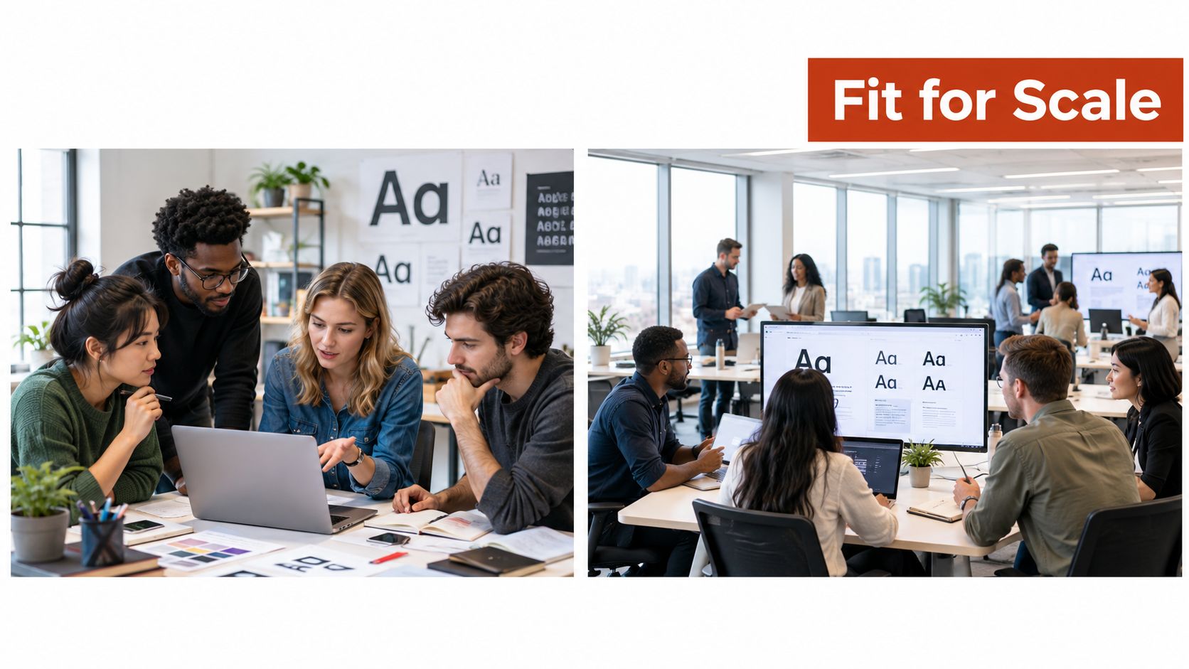 A split-screen view showing professional teams collaborating on typography and design projects in a modern office.