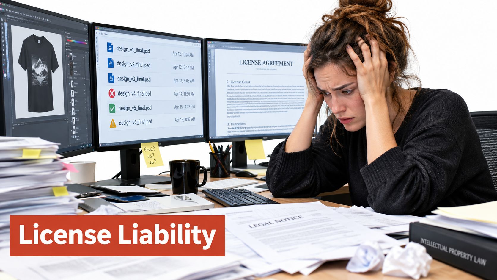 A stressed female designer sits at a cluttered desk surrounded by legal documents and monitors showing design files.