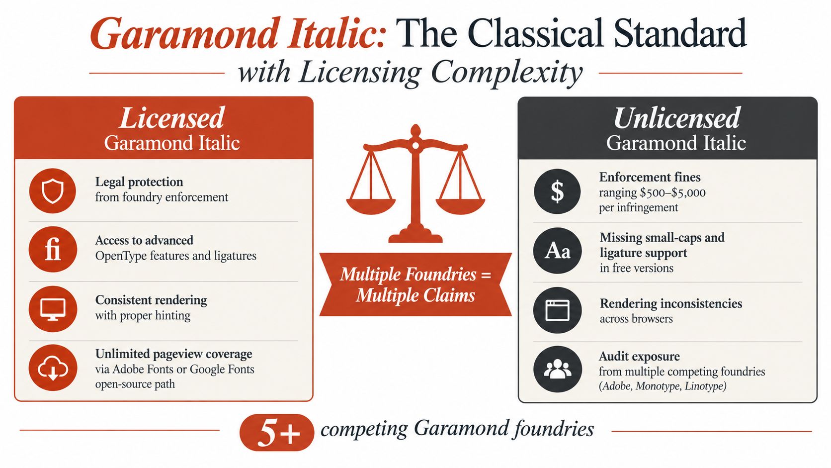 A comparison chart showing the benefits of licensed Garamond Italic versus the risks of unlicensed versions.