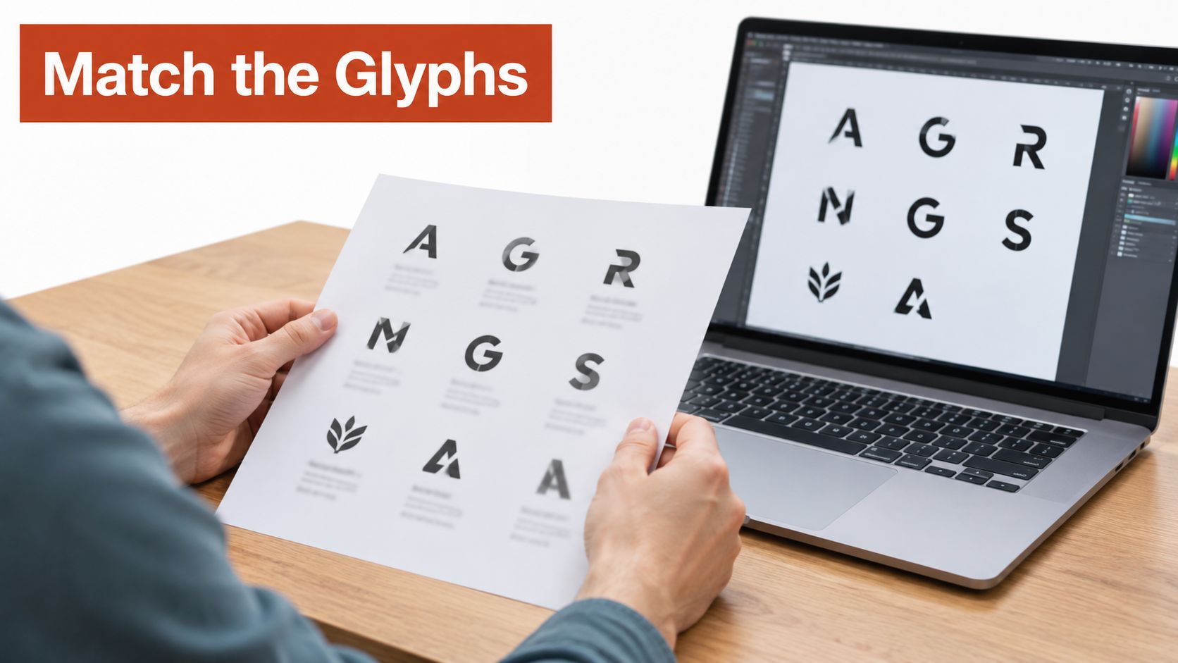 A person holding a printed document comparing graphic logo designs to those displayed on a laptop screen.