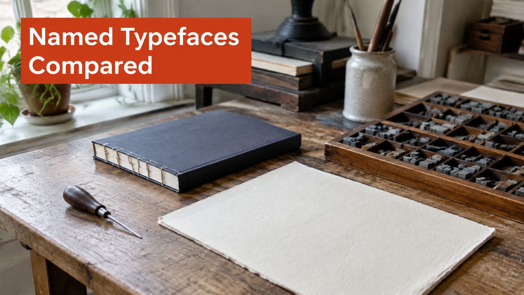 A professional workspace featuring a bound book, a metal tool, and a letterpress type case on a table.