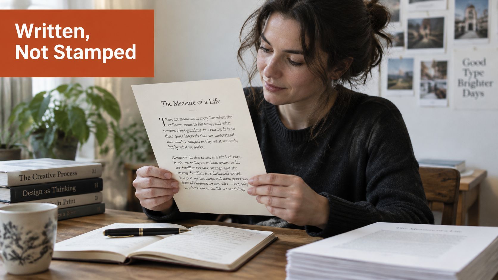 A young woman sits at a wooden desk, thoughtfully reading a printed page titled The Measure of a Life.