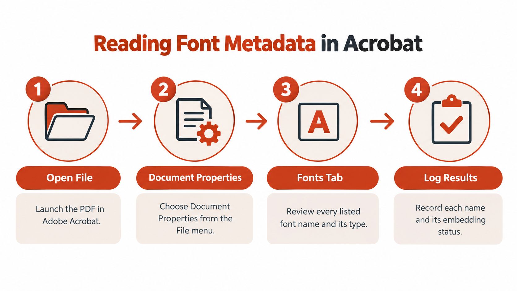 A four-step infographic explaining how to check font metadata within an Adobe Acrobat PDF document.