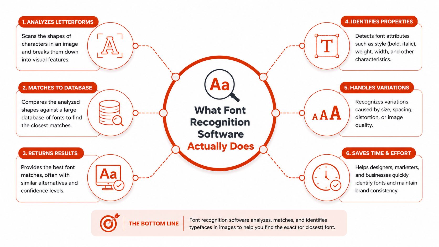 An infographic diagram explaining how font recognition software analyzes, identifies, and matches typefaces from various images.