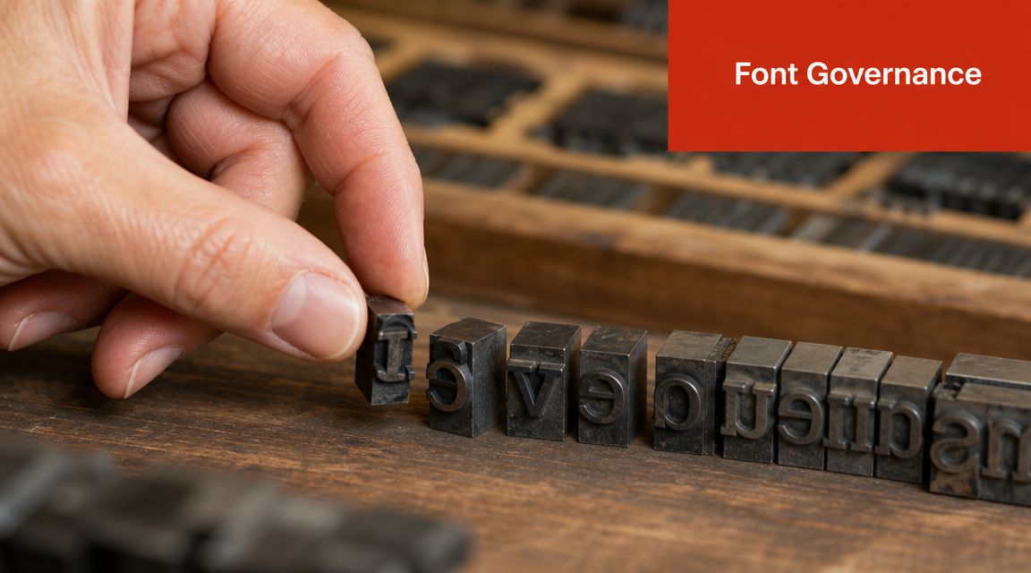 A hand placing a metal letter block into a typesetter tray for traditional printing, symbolizing font governance.