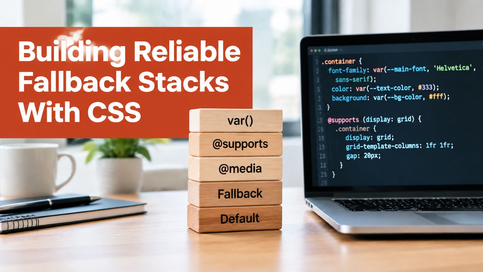 A wooden block tower illustrating CSS fallback strategies next to a laptop displaying code snippets.