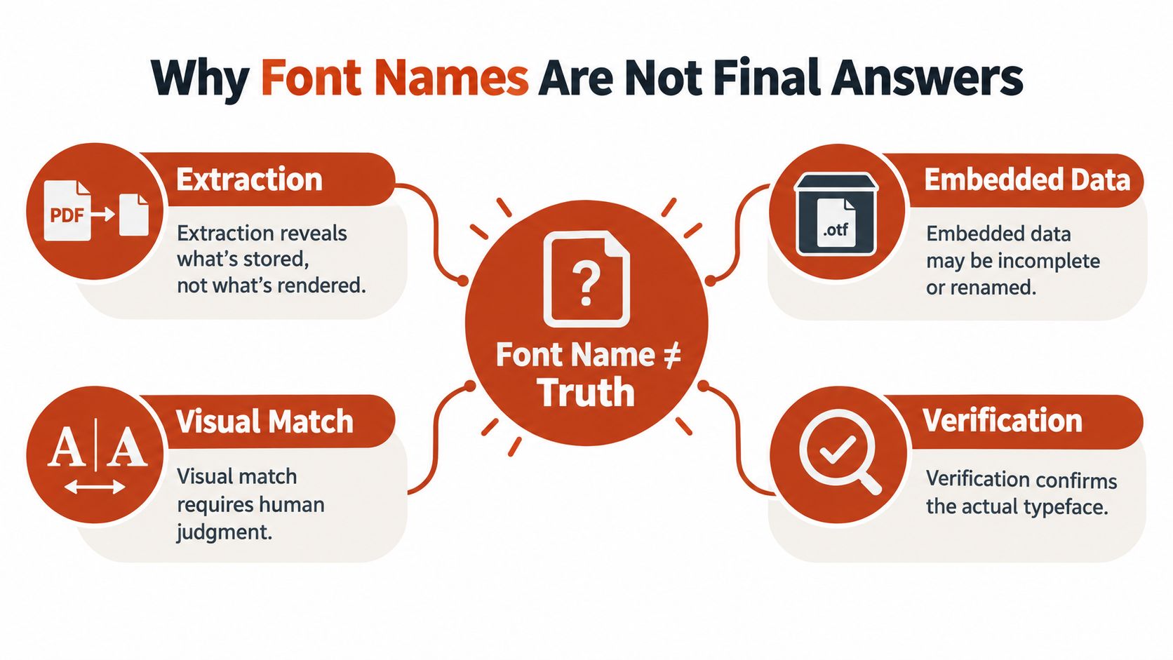 A diagram explaining why font names in documents can be misleading and require further verification.