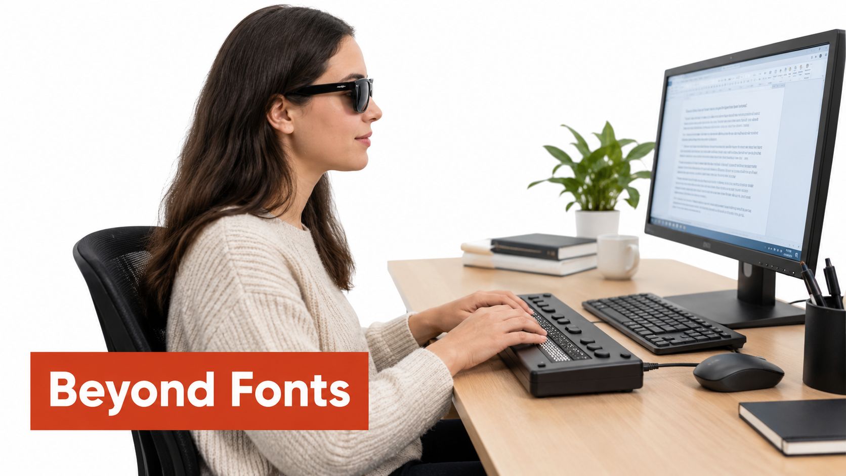 A woman wearing glasses typing on a braille display at a desk with a computer monitor.