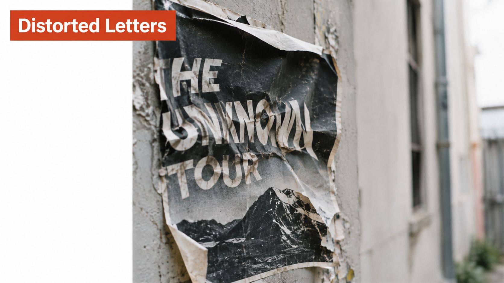 A crinkled black and white poster attached to a concrete wall displaying the text The Unknown Tour.
