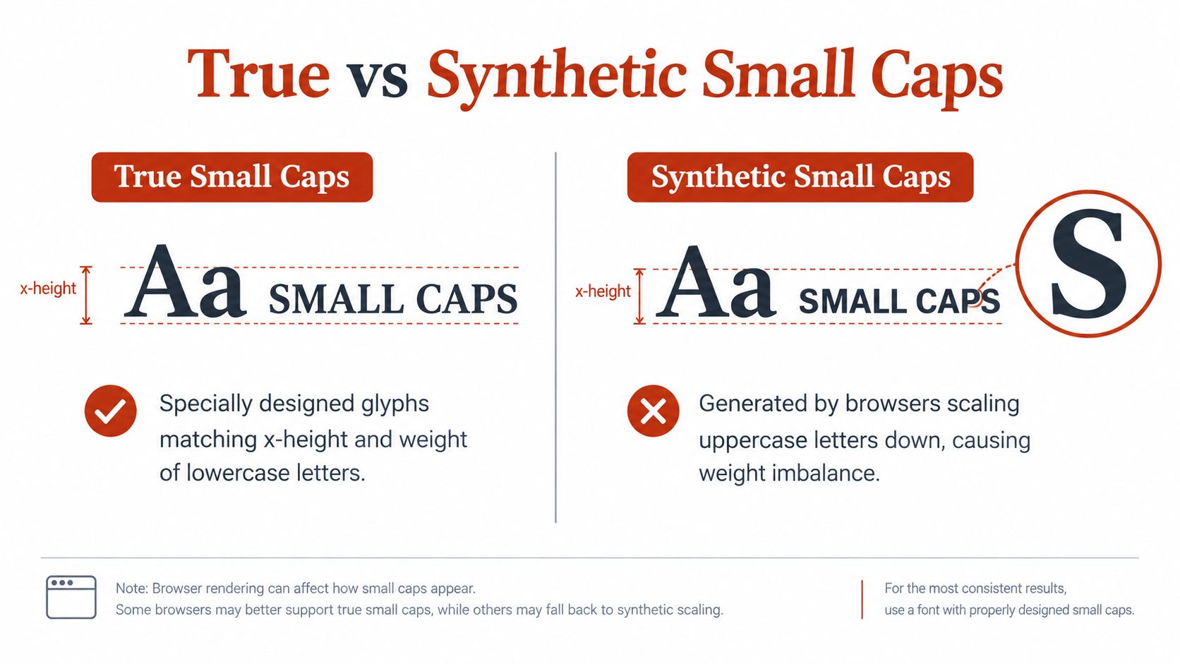 A diagram comparing true small caps to synthetic small caps, highlighting differences in typography and weight.