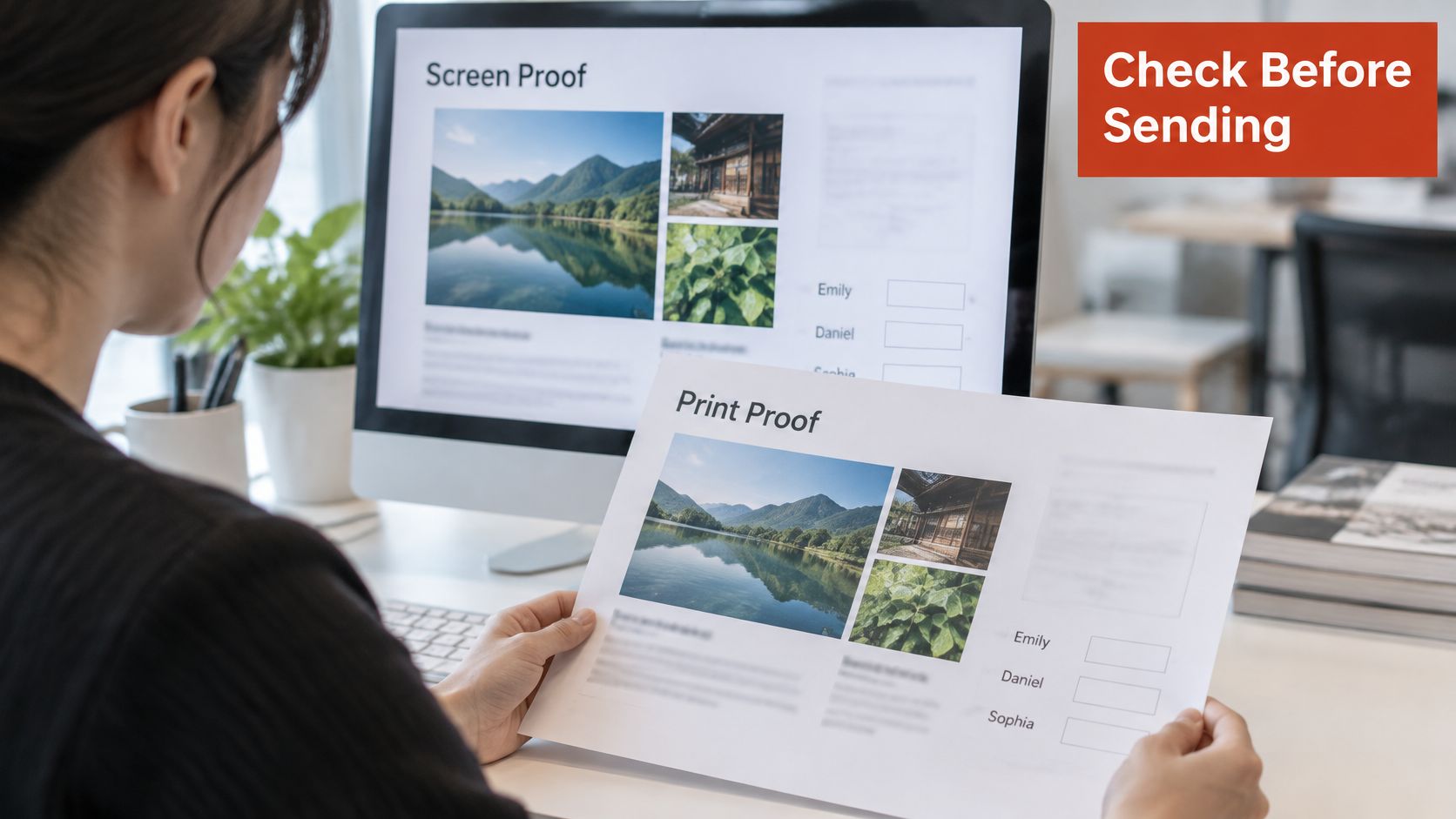 A professional comparing a print proof document with a digital screen proof on a desktop computer.