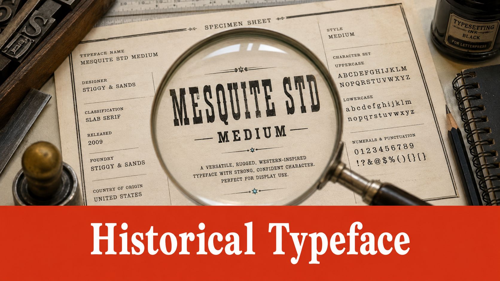A close-up view of a Mesquite Std Medium typography specimen sheet with a magnifying glass.
