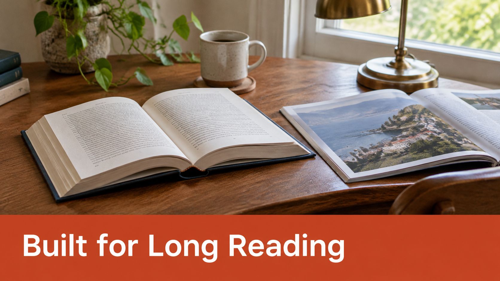 An open book with serif text rests on a wooden desk next to an illustrated travel magazine.