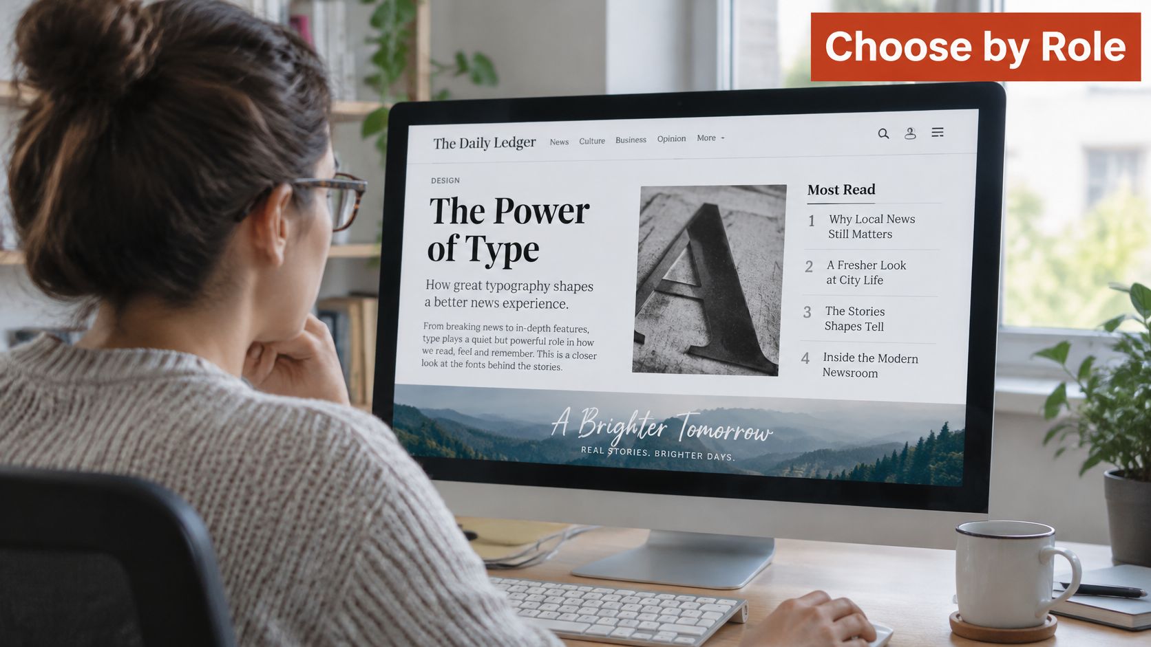 A woman working on a computer showing a website design article about typography and fonts.