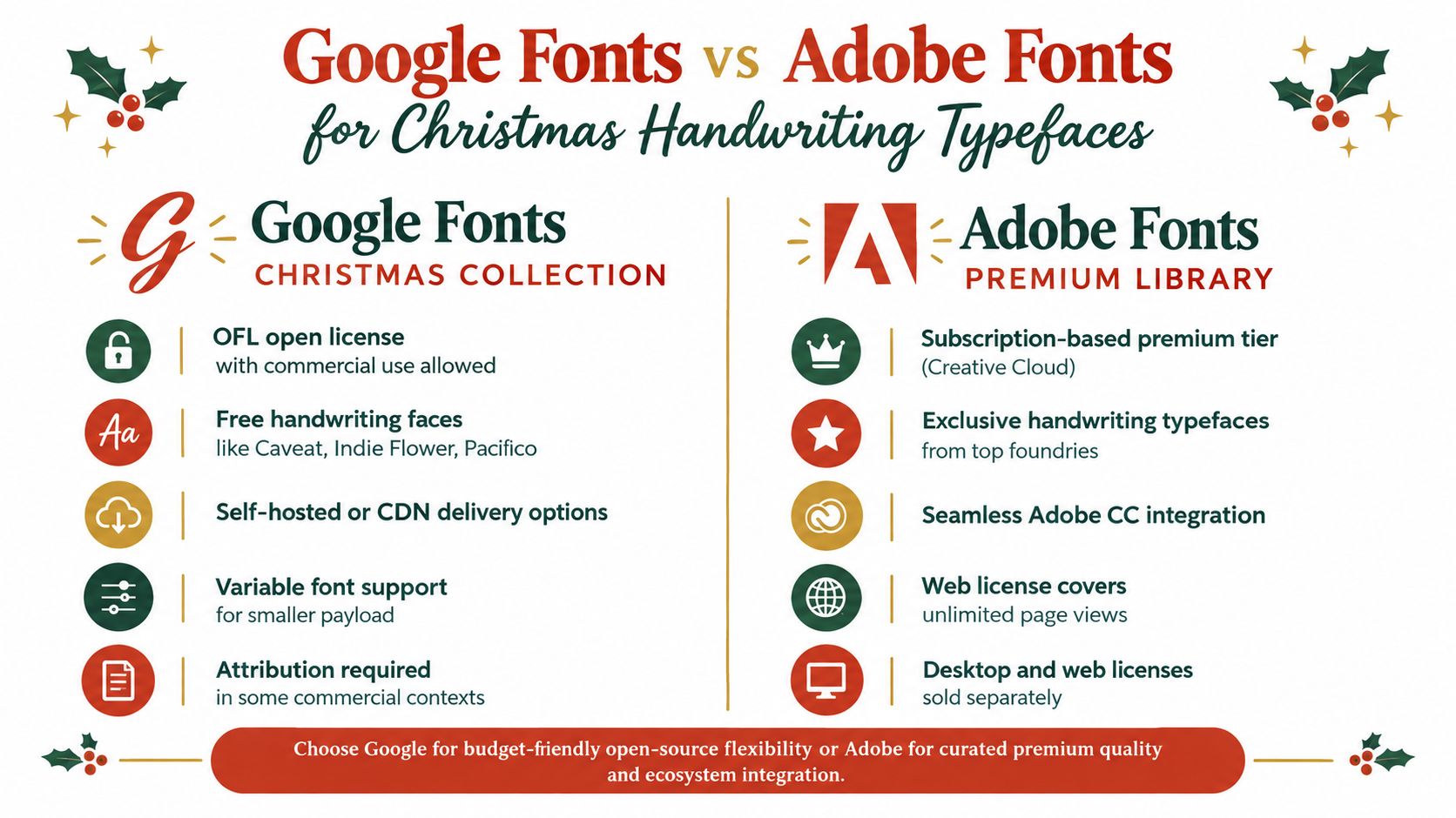 A comparison infographic between Google Fonts and Adobe Fonts for selecting Christmas handwriting typefaces and styles.