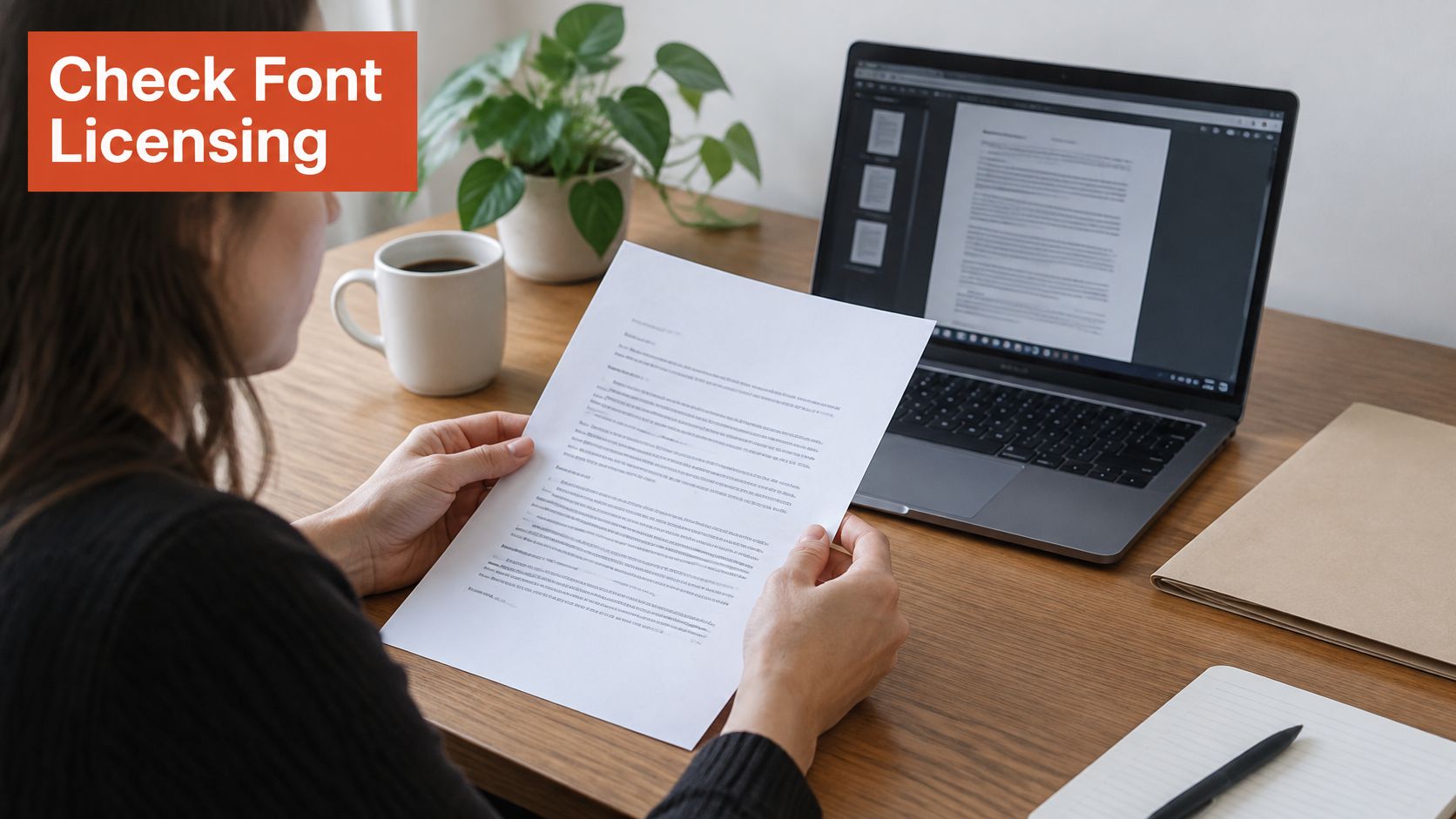 A person reviewing a printed document in an office workspace with a laptop and coffee mug.