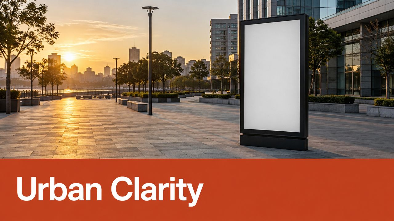 A blank vertical billboard sign stands on a paved urban plaza at sunset with city buildings.