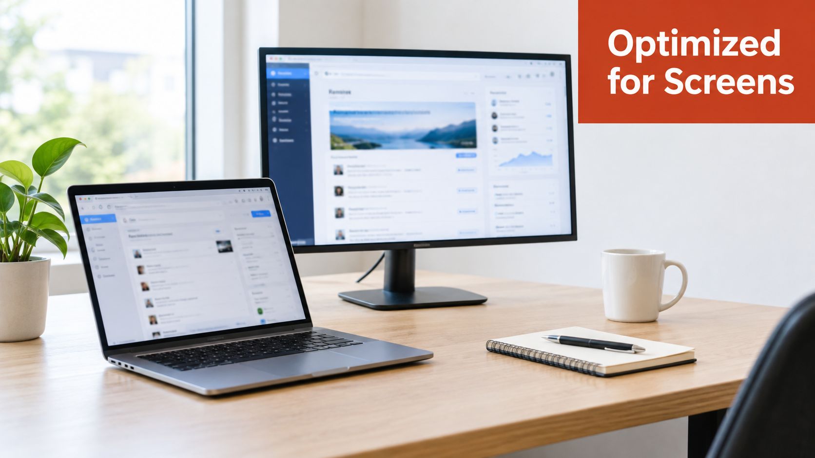 A clean, modern workspace featuring a laptop and monitor on a wooden desk with a plant.