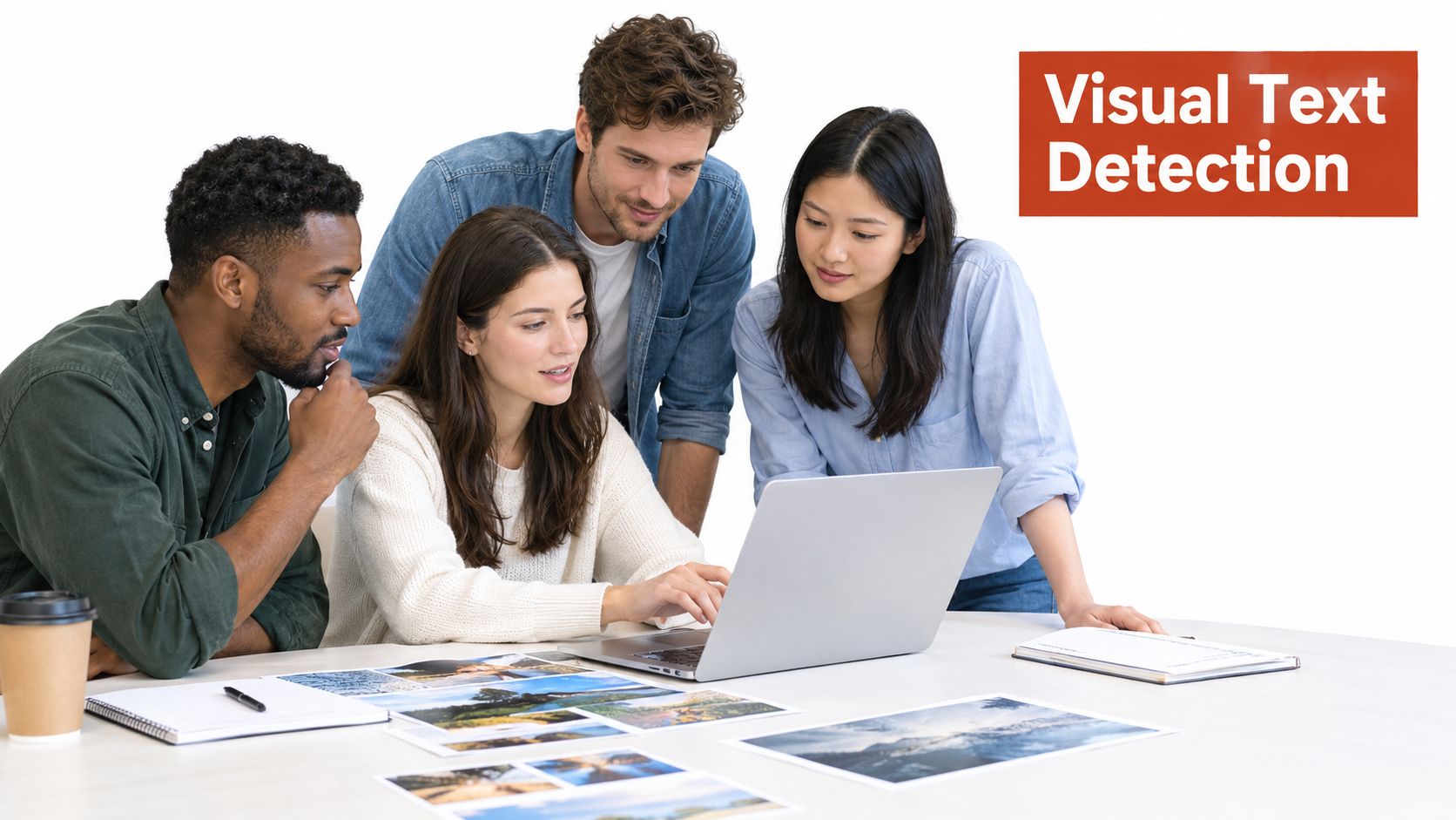 A diverse group of four creative professionals working together on a laptop at a bright office table.
