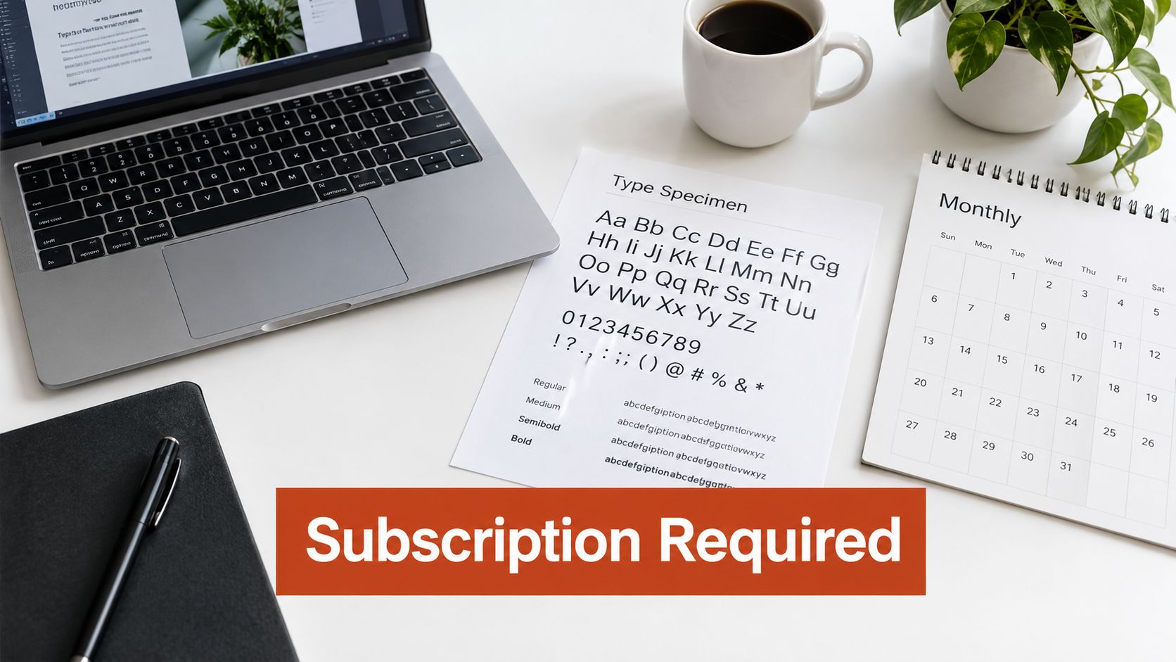 A modern desk workspace featuring a laptop, a coffee mug, a plant, and a typography specimen sheet.