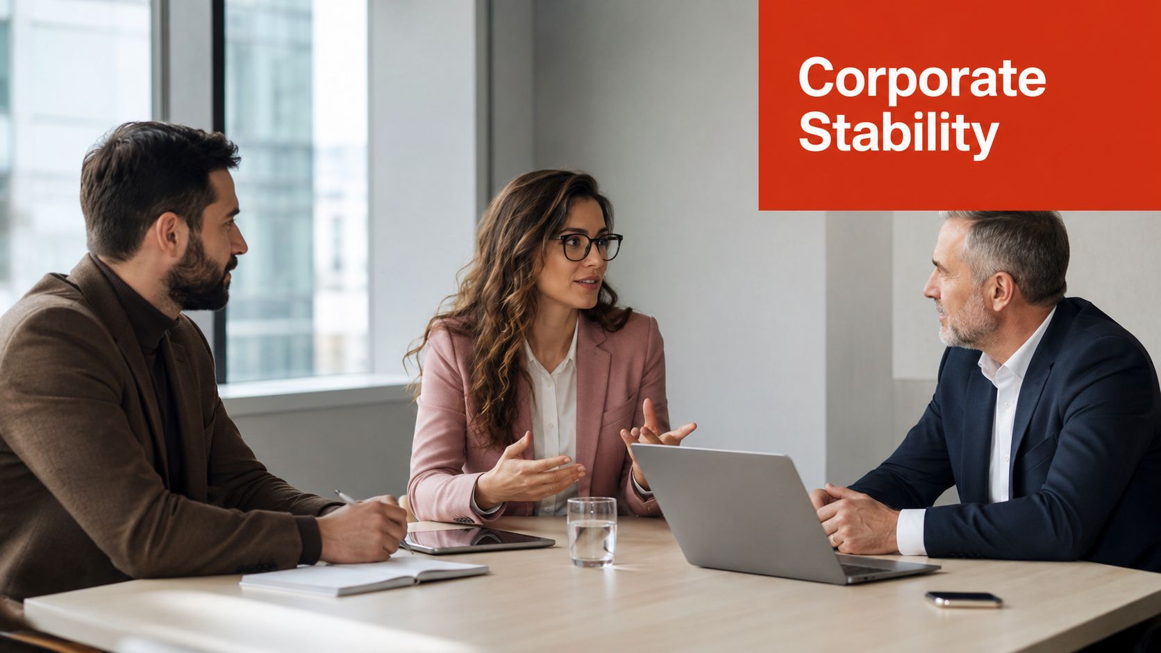 Three professionals in business attire collaborating at a desk during a corporate office meeting.