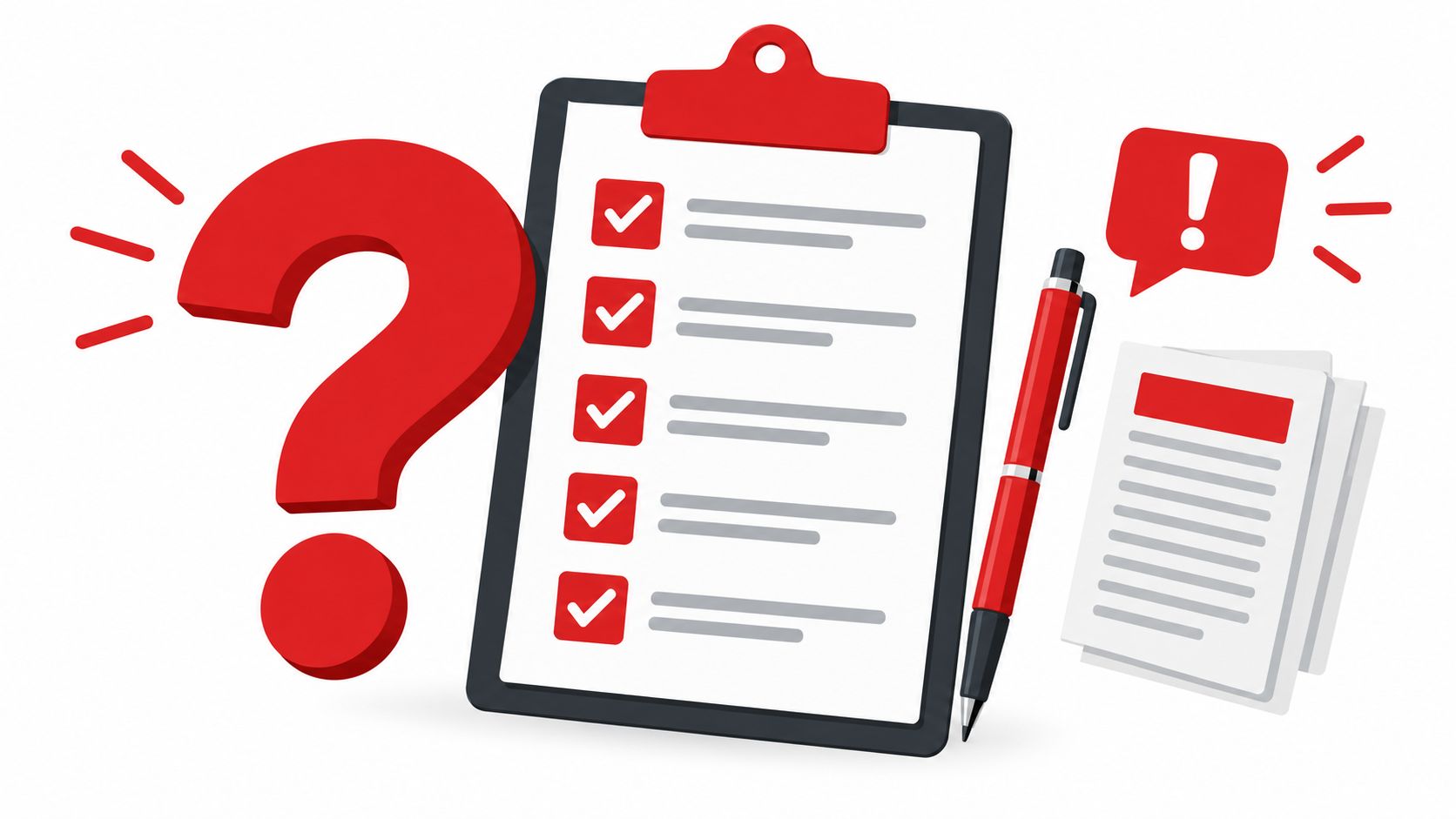 A red question mark, a clipboard with a checklist, a red pen, and a document with an exclamation point.