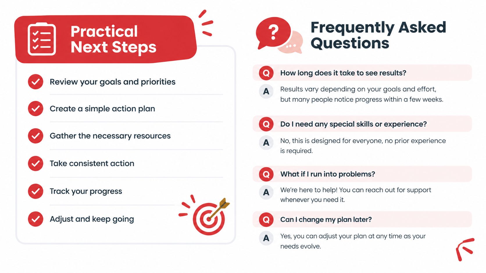 An infographic titled Practical Next Steps and Frequently Asked Questions about personal goal setting and action plans.