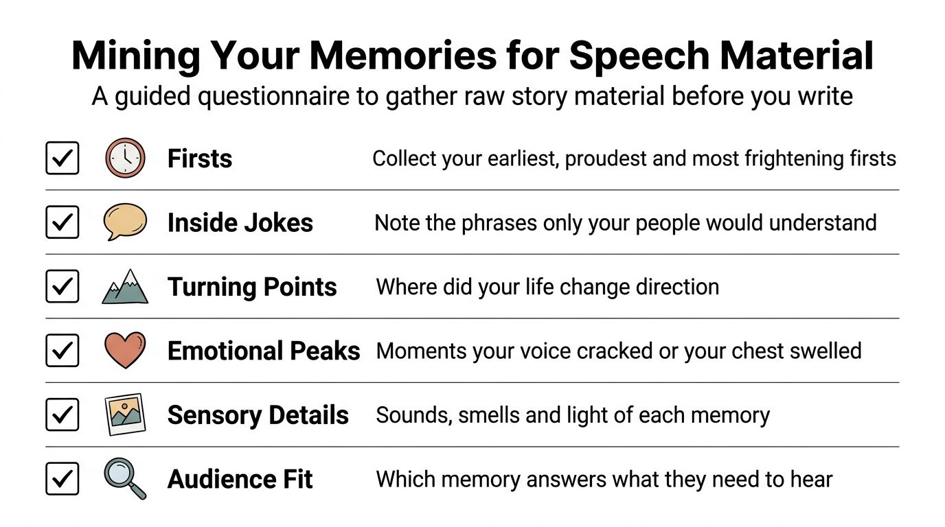 A checklist titled Mining Your Memories for Speech Material outlining six categories for gathering personal story content.