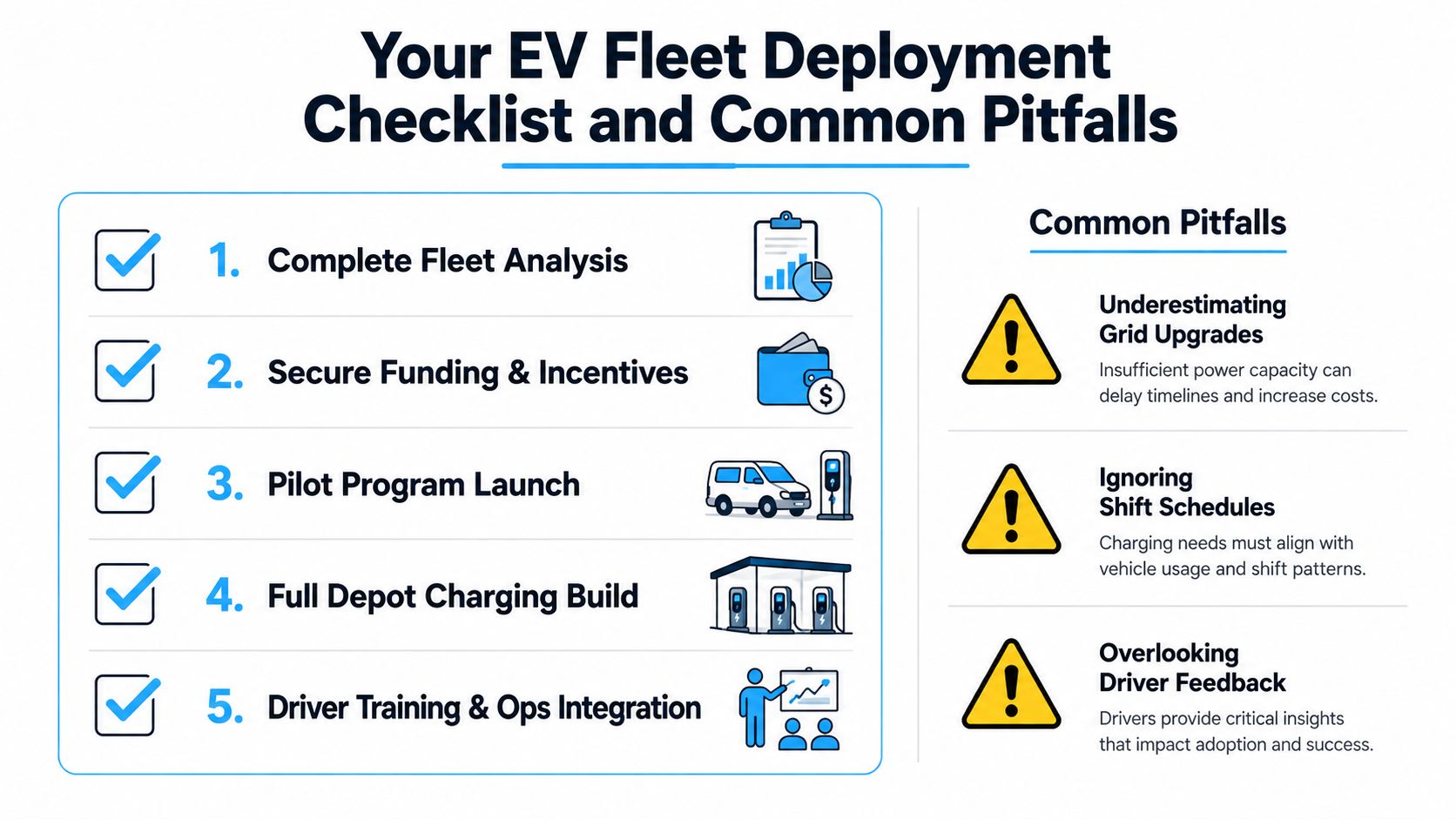 A five-step EV fleet deployment checklist next to a section outlining common pitfalls to avoid.