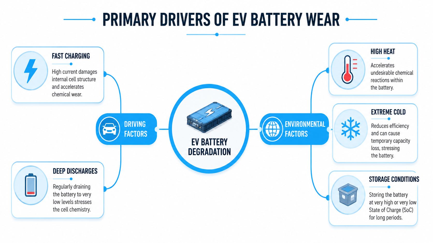 A diagram illustrating the primary drivers of electric vehicle battery degradation, categorized into driving and environmental factors.