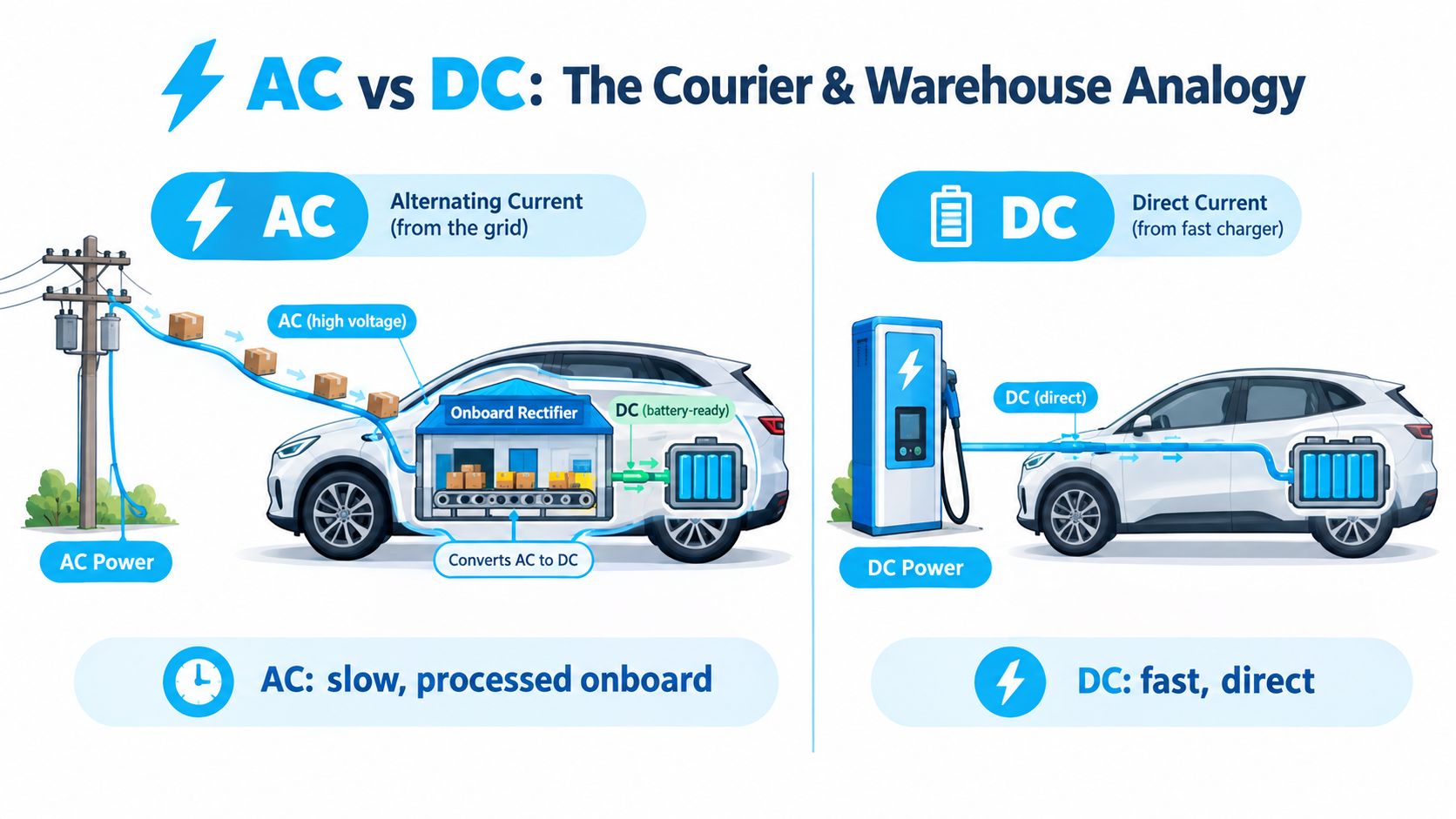 An infographic illustrating the difference between AC and DC charging for electric vehicles using a warehouse analogy.