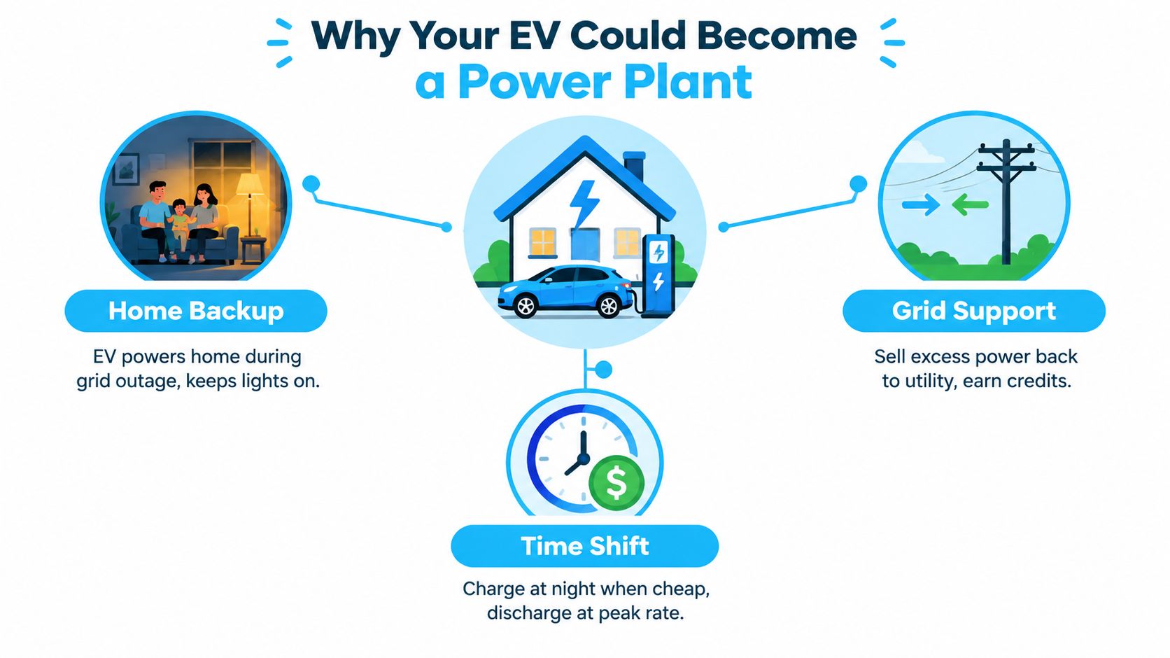 An infographic showing how an electric vehicle functions as a power plant for homes and grids.