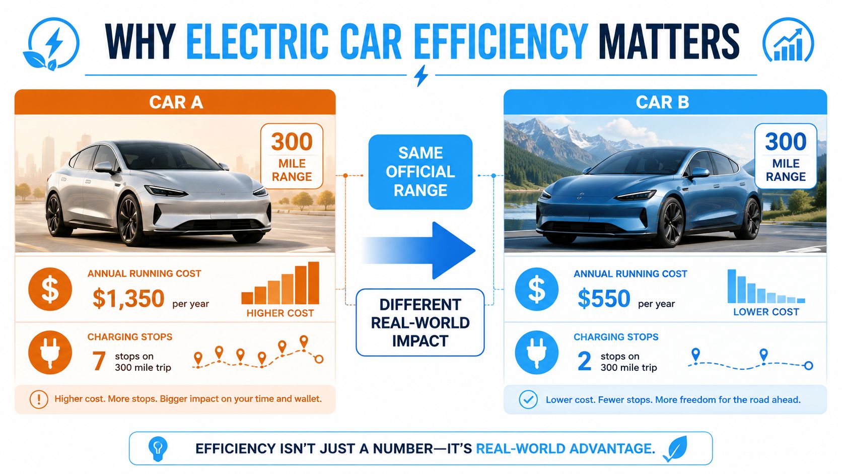 A comparison graphic showing how two electric cars with identical range have different annual costs and charging requirements.
