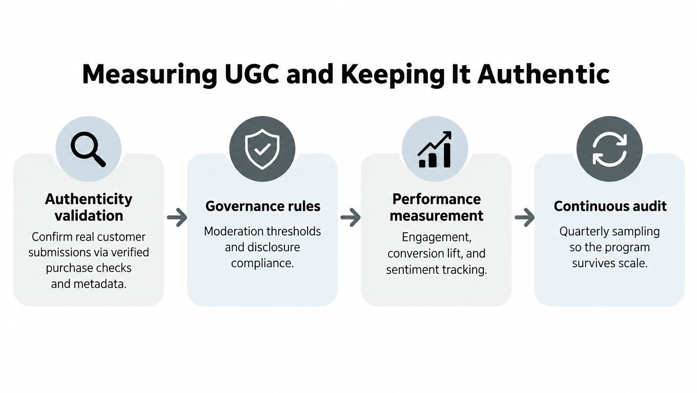 A diagram illustrating the process of measuring user-generated content and ensuring its ongoing authenticity and compliance.