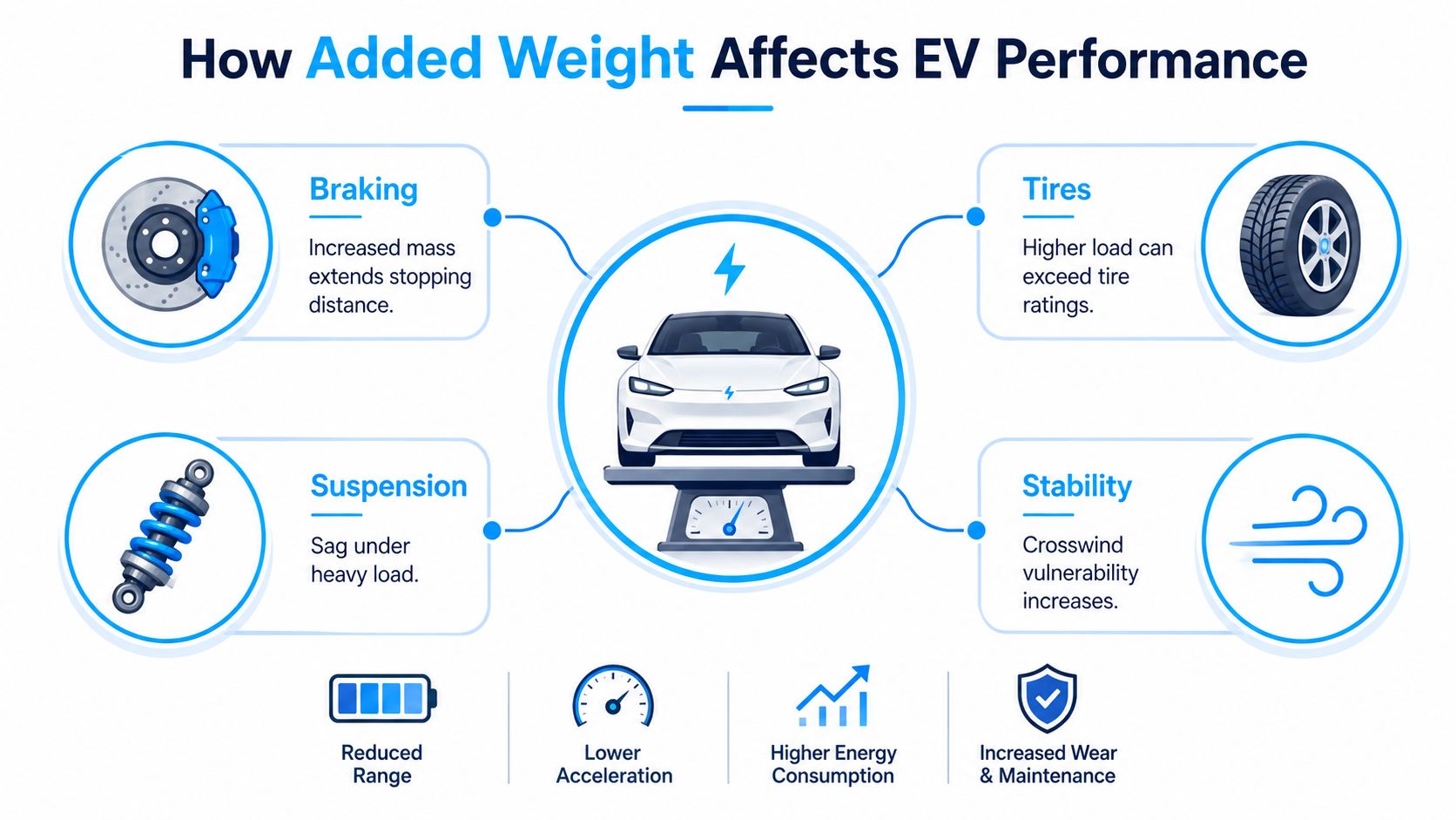 An infographic illustrating how increased vehicle weight negatively impacts electric vehicle performance, including braking, tires, suspension, and stability.