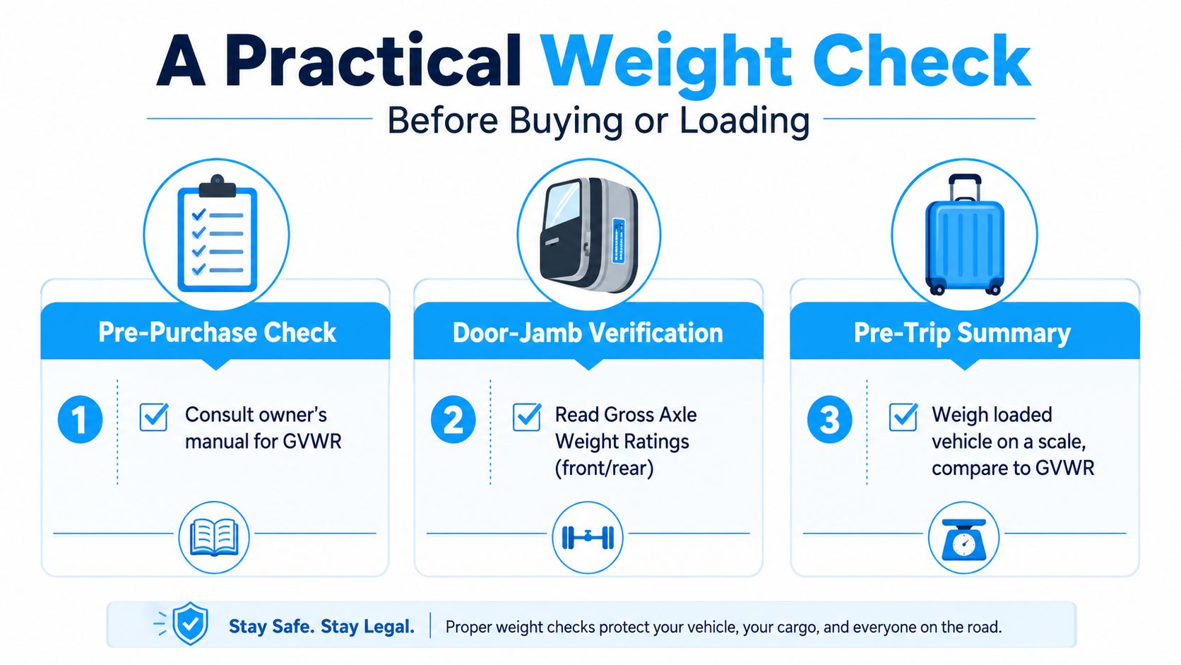 A simple infographic explaining three essential steps for checking vehicle weight before loading or purchasing.