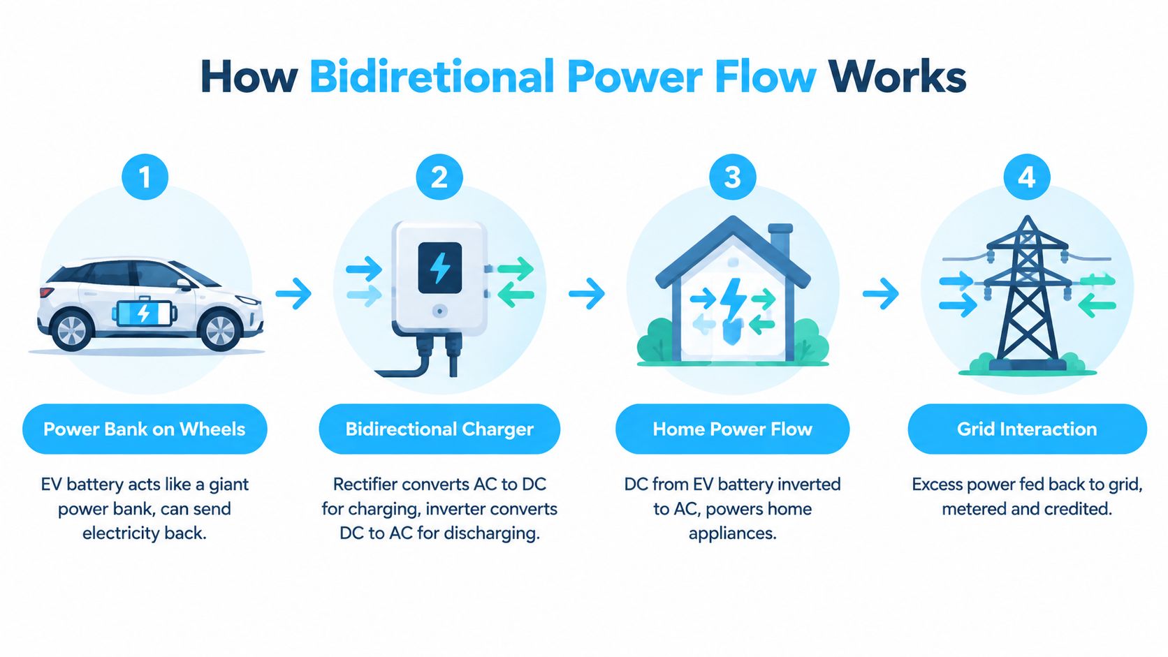 A diagram illustrating the bidirectional power flow process between an electric vehicle, charger, home, and electrical grid.