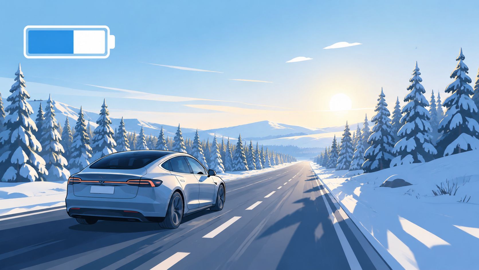 A modern electric car driving along a scenic, snow-covered road during a bright, sunny winter morning.