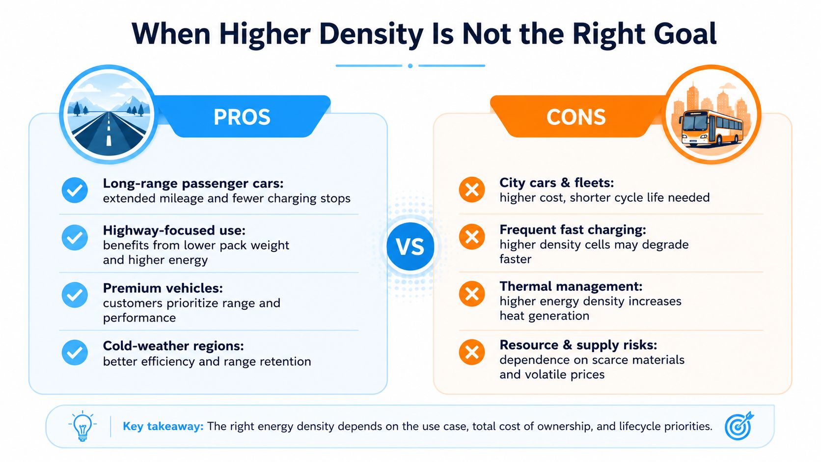 An infographic comparing the pros and cons of high-density batteries for various vehicle use cases.
