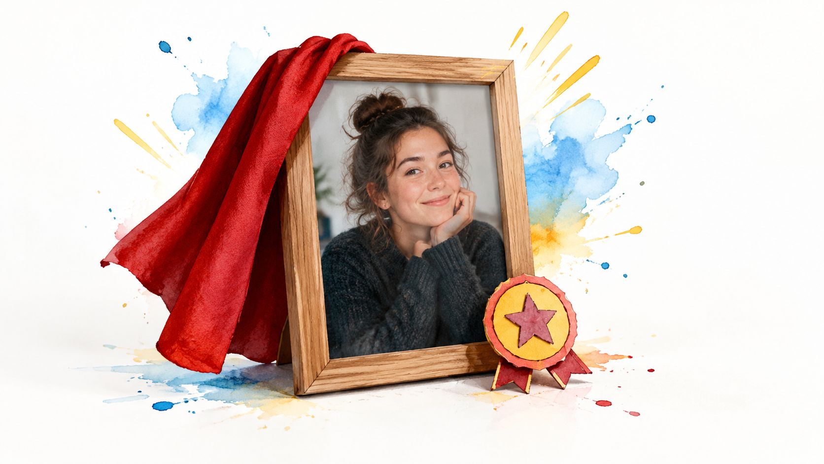 A framed portrait of a smiling young woman with a red cloth and gold medal attached.