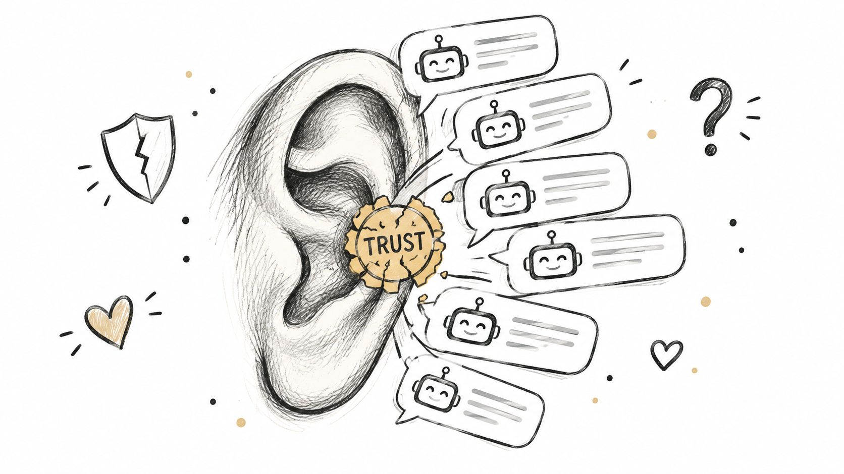 A conceptual illustration of an ear surrounded by chatbot speech bubbles and a cracked trust seal.